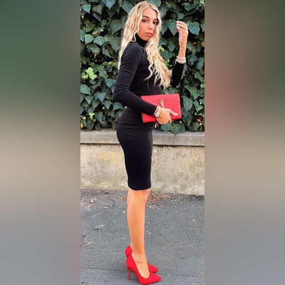 New High Neck Solid Bodycon Dress Black Long Sleeve Below Knee Midi CottonPencil - Picture 2 of 13